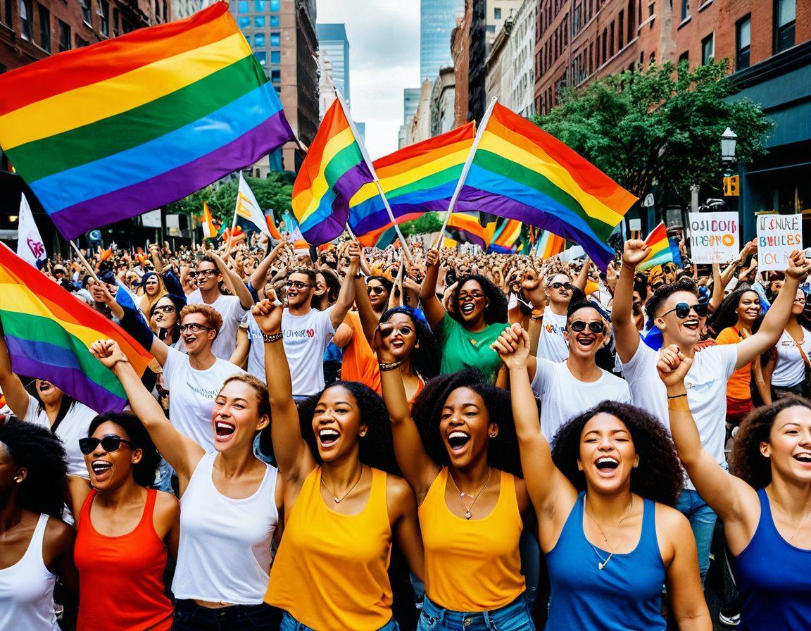 A vibrant collage capturing the energy of pride parades with colorful flags, joyful participants in diverse outfits, and symbols of empowerment. Include elements representing queer culture such as art, music, and historical icons of activism intertwined with modern symbols of visibility. The background should reflect a celebratory urban setting, radiating inclusivity and acceptance. super-realistic. vibrant colors. dynamic composition.