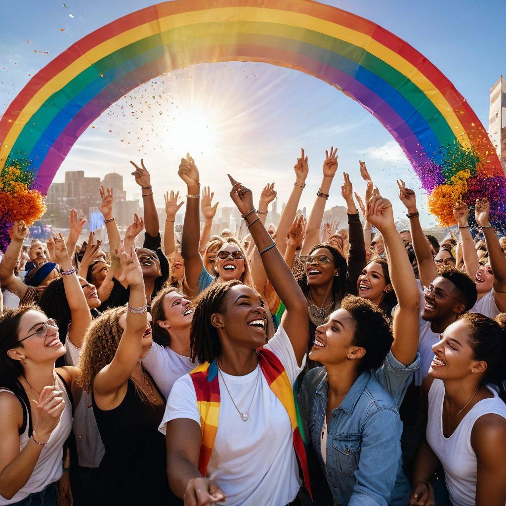 A vibrant festival scene showcasing a diverse group of LGBTQ individuals celebrating together under a colorful rainbow arch. Incorporate elements such as confetti, flags, and joyous expressions to reflect unity and pride. The background features an enchanting cityscape with twinkling lights and a sunset sky. Emphasize inclusivity with various genders, ethnicities, and styles represented in the crowd. super-realistic. vibrant colors. 3D.